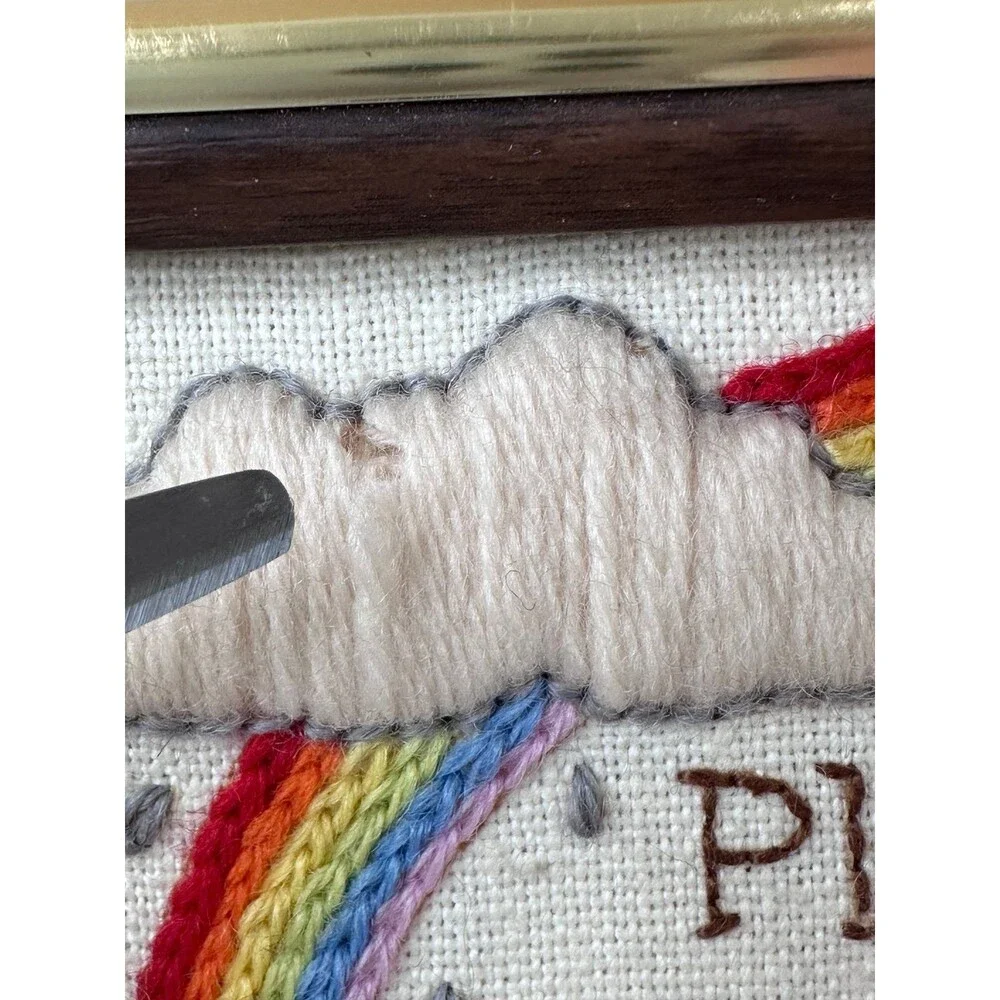 Vintage Handmade Framed Noah's Ark Embroidered Wall Art Rainbow Christian Decor